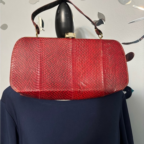 Vintage Red Snakeskin Leather Clutch / Handbag — Mid-Century Exotic - Picture 2 of 5